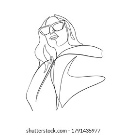 Stylish hand drawn one continuous line woman in sunglasses. Fashionable typography girl in minimalist style. Beauty sign. Attractive fashion model. Summer fashion.