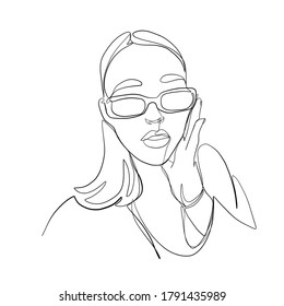 Stilvolle Hand gezeichnet eine durchgehende Frau in Sonnenbrille. Modernes Typografie-Mädchen im minimalistischen Stil. Schönheitszeichen. Attraktives Modemodell. Sommermode.