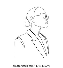 Stylish hand drawn one continuous line woman in sunglasses. Fashionable typography girl in minimalist style. Beauty sign. Attractive fashion model. Summer fashion.