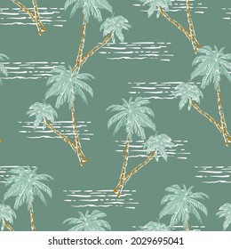 Stylish hand drawn palm tree and ocean wave retro mood Seamless pattern Vector EPS10,Design for fashion , fabric, textile, wallpaper, cover, web , wrapping and all prints on light green mint