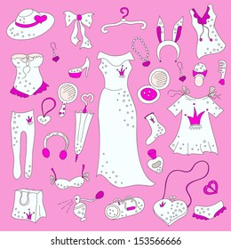 Stylish hand drawn pink composition of women related fashion items, shopping madness, vector set