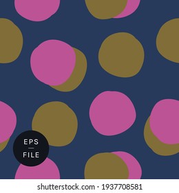 Stylish hand drawn polka dots polka dot seamless pattern. Round uneven shapes circles golden hot pink navy blue background. Flamboyant timeless classic with a twist. Repeat design gift paper wallpaper