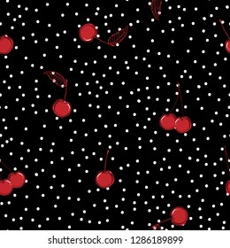 Stylish hand drawn red cherry fruits on random polka dots seamless pattern on vector design for fashion,fabric,web,wallpaper and all prints on black background color