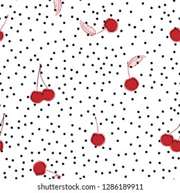 Stylish hand drawn red cherry fruits on random polka dots seamless pattern on vector design for fashion,fabric,web,wallpaper and all prints on white background color