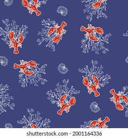 Stylish hand drawn Red lobster with outline corals and seashells seamless pattern vector design ,Design for fashion , fabric, textile, wallpaper, cover, web , wrapping and all prints on dark blue