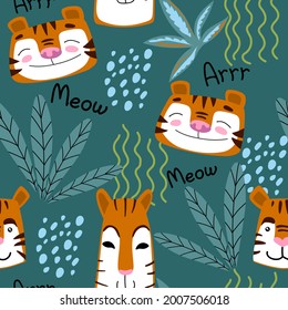 Stylish hand drawn seamless pattern with tigers and jungle. Tropical leaves and Cute tigers on a green background. 
Pattern on textiles, t-shirts, fabric. Cute baby Flat vector stock illustration