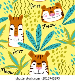 Stylish hand drawn seamless pattern with tigers and jungle. Tropical leaves and Cute tigers on a yellow  background. 
Pattern on textiles, t-shirts, fabric. Cute baby Flat vector stock illustration