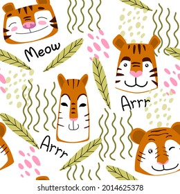 Stylish hand drawn seamless pattern with tigers and jungle. Tropical leaves and Cute tigers on a White background. 
Pattern on textiles, t-shirts, fabric. Cute baby Flat vector stock illustration