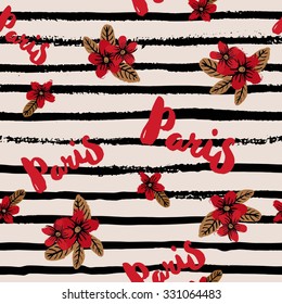 Stylish hand drawn seamless pattern with flowers, stripes and Paris sign.