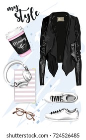 Stylish hand drawn set with leather jacket, shoes, eyeglasses, headphones, planner book and coffee cup. Fashion outfit. Sketch. Vector illustration.