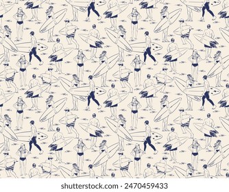 Stylish Hand drawn Sketch Surfers seamless pattern. Summer Activities Vector Illustration , Design for fashion , fabric, textile, wallpaper , wrapping and all prints 