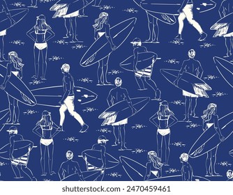 Stylish Hand drawn Sketch Surfers seamless pattern. Summer Activities Vector Illustration , Design for fashion , fabric, textile, wallpaper , wrapping and all prints 