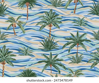 Stylish Hand drawn Summer palm tree with Ocean Wave Island , Design for fashion , fabric, textile, wallpaper , wrapping and all print