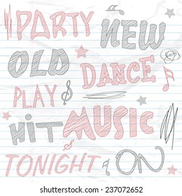 Stylish hand drawn text with musical notes on and stars on notebook paper background.