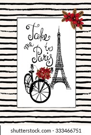 Stylish hand drawn typography card, placard, poster. Paris, France romantic retro backgrounds with slogan.