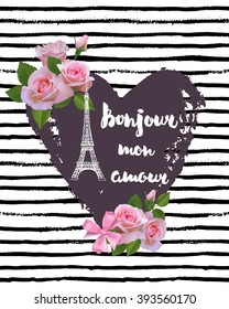 Stylish hand drawn typography card, placard, poster. Paris, France, flowers. Hello, my love sign.