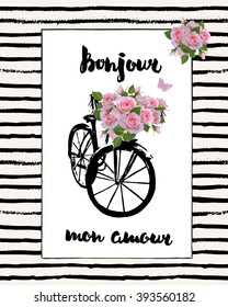 Stylish hand drawn typography card, placard, poster. Paris, France, bicycle, flowers, roses. Hello, my love sign.