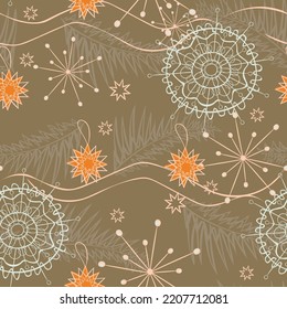 Stylish hand drawn winter pattern with various falling snowflakes for Christmas background in brown, orange warm colors. Seamless vector texture for decor, wallpaperfor web-design fabric, print