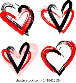 Stylish Hand Painted Passion Hearts Isolated on White Background. Grunge Vector Illustration