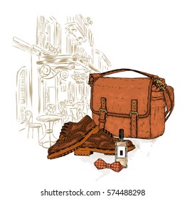 Stylish handbag, shoes, tie and a bottle of perfume. Fashion & Style. Vector illustration.