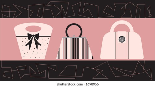 Stylish handbags in a trendy boutique display. Fully editable vector illustration.