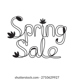Un elegante diseño de caligrafía dibujado a mano con las palabras "Spring Sale" adornadas con delicados Elementos florales y hojas.