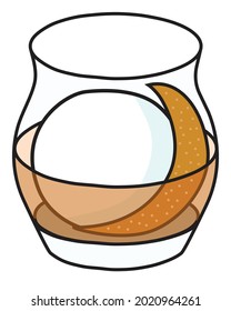 Stylish hand-drawn doodle cartoon hipster style cool fresh Old Fashioned cocktail. Garnished with orange zest twist in a classic glass and spherical ice vector art illustration.