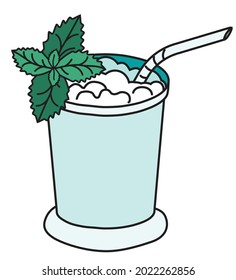 Elegante dibujo a mano de dibujos animados estilo de dibujos animados Mint Julep cóctel metal cromo taza de plata con una ilustración vectorial de paja. Para tarjetas de fiesta, invitaciones, afiches, menú de bar o receta de libro de cocina con alcohol.