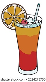 Stylish hand-drawn doodle cartoon style yellow red orange Tequila Sunrise cocktail in highball glass garnished with cherry. A vector illustration good for bar menu or alcohol cook book recipe