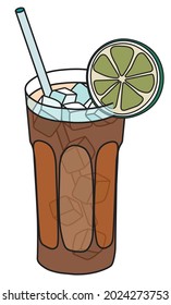 Stylish hand-drawn doodle cartoon style Long Island Iced Tea or Cuba Libre cocktail. A highball glass of cola or soda garnished with lime. Vector illustration for bar menu or alcohol cook book recipe.