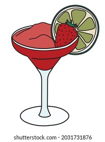 Stylish Hand-drawn Doodle Cartoon Style Frozen Red Daiquiri Cocktail In Margarita Glass Garnished With Slice Of Lime And Strawberry. Vector Illustration For Cards, Bar Menu, Alcohol Cook Book Recipe