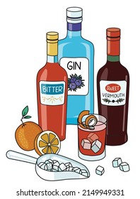 Stylish hand-drawn doodle cartoon style Negroni cocktail composition. A bottle of gin, Italian orange bitter, red sweet vermouth and orange. Goof for bar menu, cook book recipe, stickers or cards.