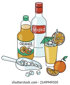 Stylish hand-drawn doodle cartoon style Screwdriver cocktail composition. A bottle of vodka, orange juice, ice scoop and orange. Goof for bar menu, cook book recipe, stickers or cards.