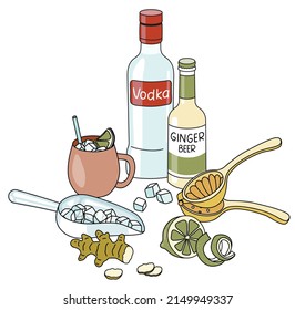 Stylish hand-drawn doodle cartoon style Moscow Mule cocktail composition. A bottle of vodka, ginger beer, ice scoop and lime. Goof for bar menu, cook book recipe, stickers or cards.