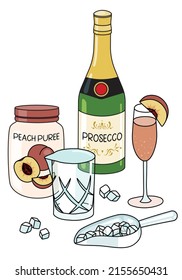 Stylish hand-drawn doodle cartoon style Bellini cocktail composition. A bottle of Prosecco, peach puree and ice scoop. Good for bar menu, cook book recipe, stickers or cards