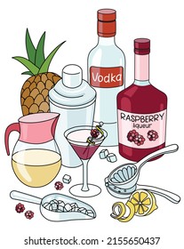 Stylish hand-drawn doodle cartoon style French Martini cocktail composition. A bottle of vodka and raspberry liquor, pineapple juice and shaker. Good for bar menu, cook book recipe, stickers or cards.