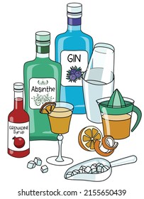 Stylish hand-drawn doodle cartoon style Monkey Gland cocktail composition. A bottle of gin and absinthe liquor, orange juice and shaker. Good for bar menu, cook book recipe, stickers or cards.