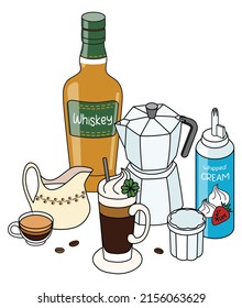 Stylish hand-drawn doodle cartoon style Irish Coffee hot cocktail composition. A bottle of whiskey, moka pot, fresh and whipped cream. For bar menu, cook book recipe, stickers or St. Patrick cards.