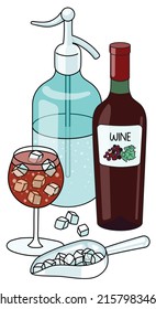 Stylish Hand-drawn Doodle Cartoon Style German Weinschorle Red Wine Spritzer Cocktail Composition. A Bottle Of Wine, Soda Water Siphon And Ice. For Bar Menu, Cook Book Recipe, Stickers Or Cards