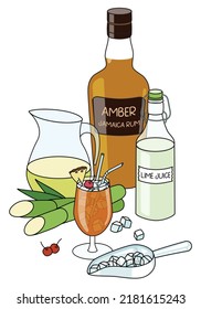 Stylish hand-drawn doodle cartoon style composition with Planters Punch cocktail, bottle of Rum, sugarcane juice jug and lime juice. For bar menu, cook book recipe, stickers or cards