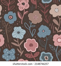 Stylish hand-drawn floral kids pattern.Vector texture.