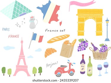 Stylish hand-drawn illustration set of symbols inspired by France