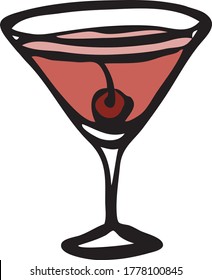 Elegante estilo de tinta estilizada a mano fresco rosa rosado Cosmopolita Manhattan adornado con cereza de maraschino en vidrio martini clásico. Carta de cóctel, invitaciones, carteles, menú de bar para cocinar la receta del libro.
