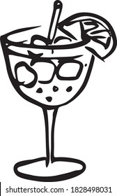 Stylish hand-drawn ink style cool sparkling orange Aperol spritz garnished slice of citrus in a classic glass vector art. For cocktail party card, invitations, posters, bar menu cook book recipe