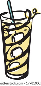 Stylish hand-drawn ink style Ice cold fresh yellow horse neck cocktail garnished with lemon zest twist in classic Collins glass. Cocktail party card, invitations, posters, bar menu cook book recipe.