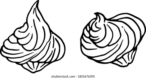 stylish hand-drawn meringue black outline on a white background. Marshmallows. Dessert. Vector illustration. decoration of cream set isolated. for the background of logo design