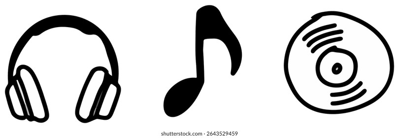 Stylish Hand-Drawn Music Icons Headphones Note Vinyl Record Black White Simple Design Music Symbols Audio Entertainment