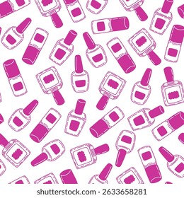 Stylish hand-drawn nail polish bottle seamless pattern. Hand-drawn seamless design for beauty and fashion projects.