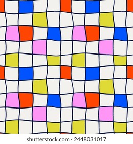Stylish hand-drawn seamless pattern. Soft shapes, bold colors, checkered distorted print. Isolated vector - suitable for web design, invitations, posters, textile printing