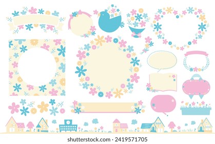 Stylish hand-drawn set of cute floral spring frames and illustrations.